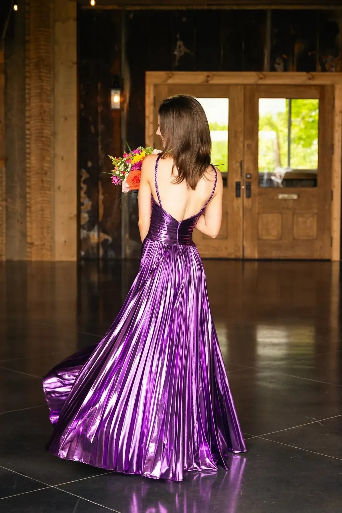 Glamorous A-Line Halter Neck Sleeveless Open Back Floor-Length Metallic Prom Dress
