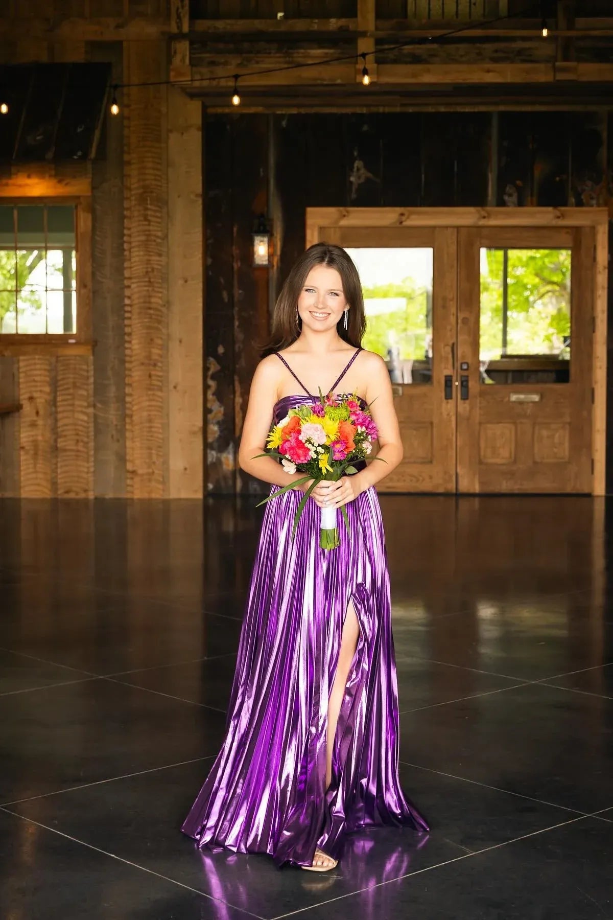 Glamorous A-Line Halter Neck Sleeveless Open Back Floor-Length Metallic Prom Dress