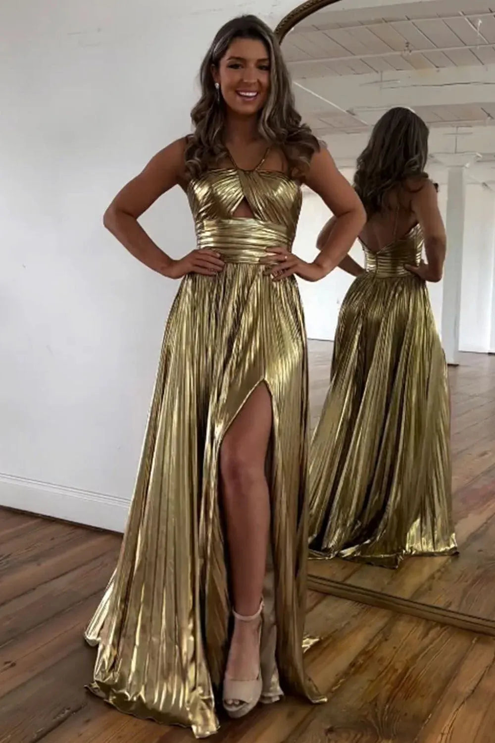 Glamorous A-Line Halter Neck Sleeveless Open Back Floor-Length Metallic Prom Dress