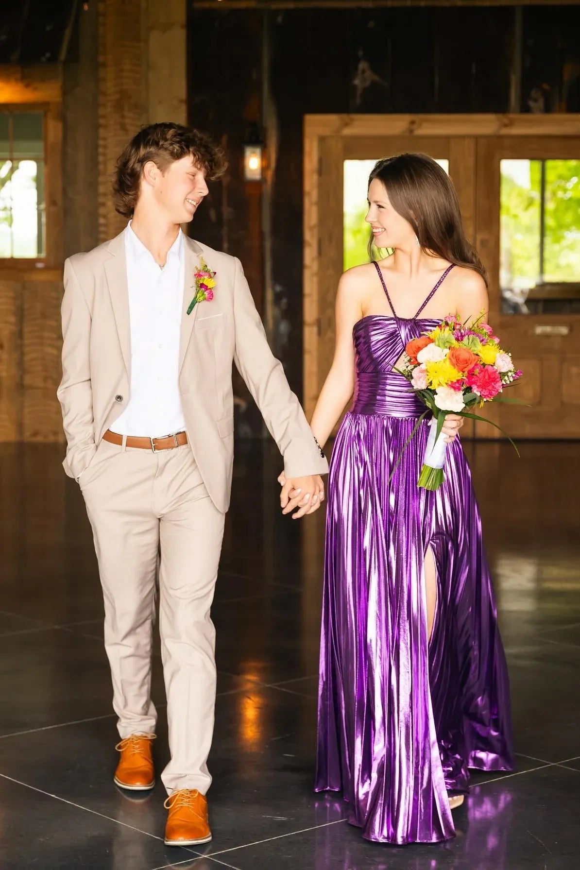 Glamorous A-Line Halter Neck Sleeveless Open Back Floor-Length Metallic Prom Dress
