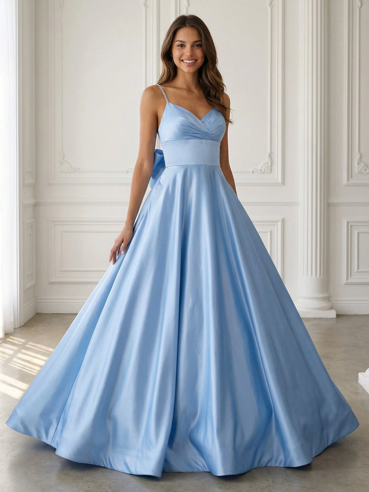 Loverlm light blue satin V-neck A-line floor-length prom dress with rhinestone straps front view