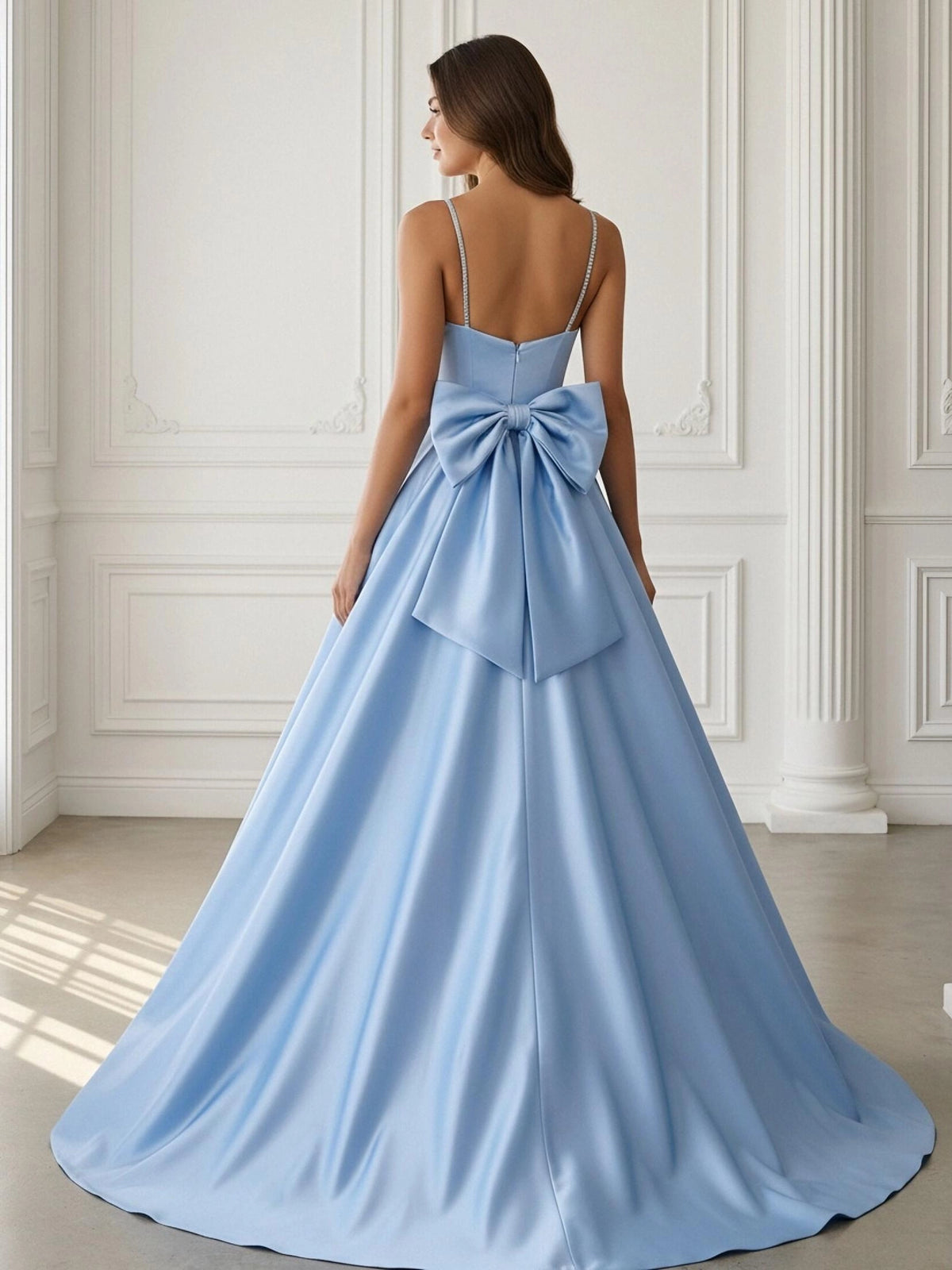 Elegant A-Line V-Neck Sleeveless Bow-Back Satin Floor-Length Prom Dress