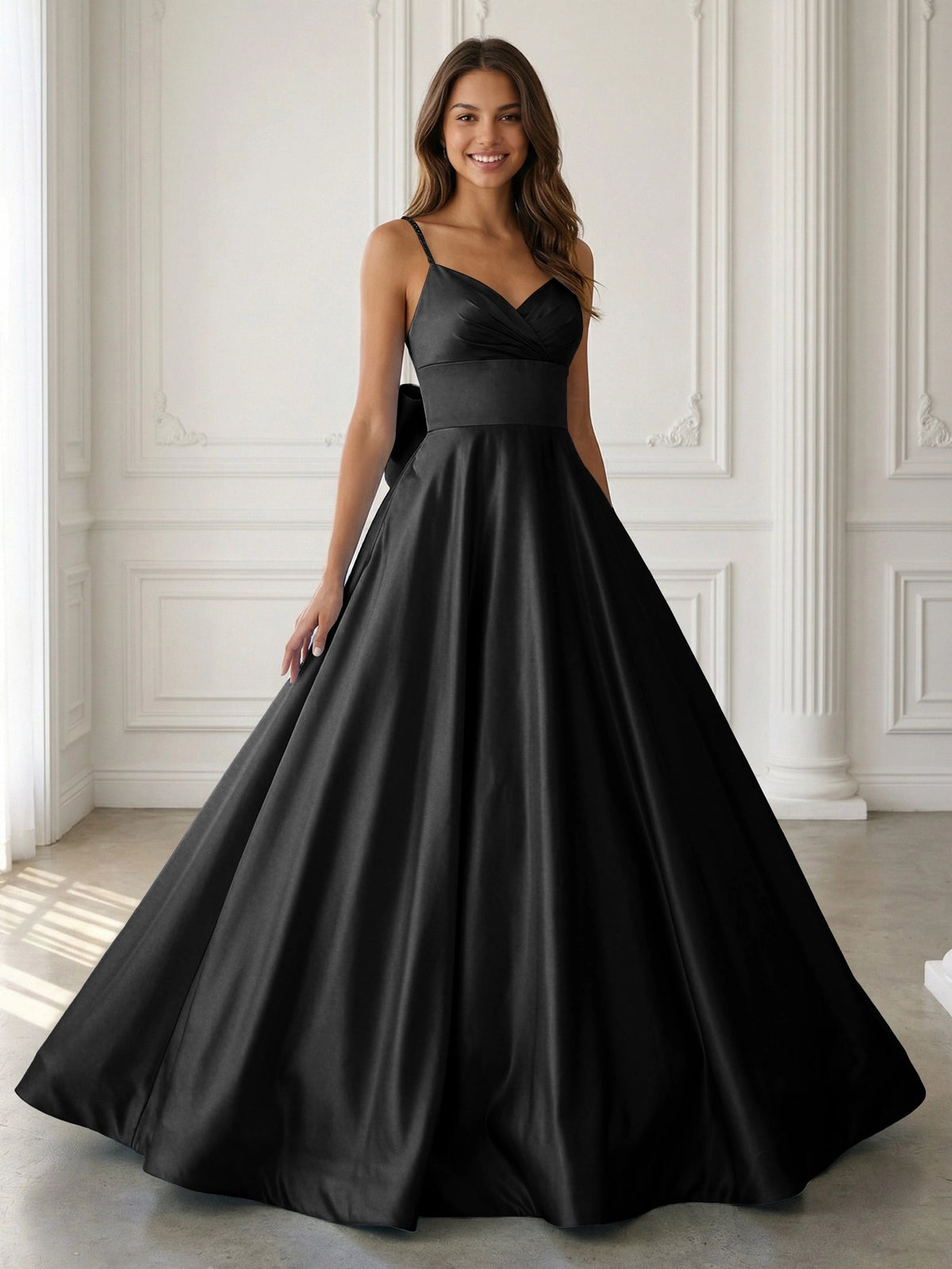 Elegant A-Line V-Neck Sleeveless Bow-Back Satin Floor-Length Prom Dress