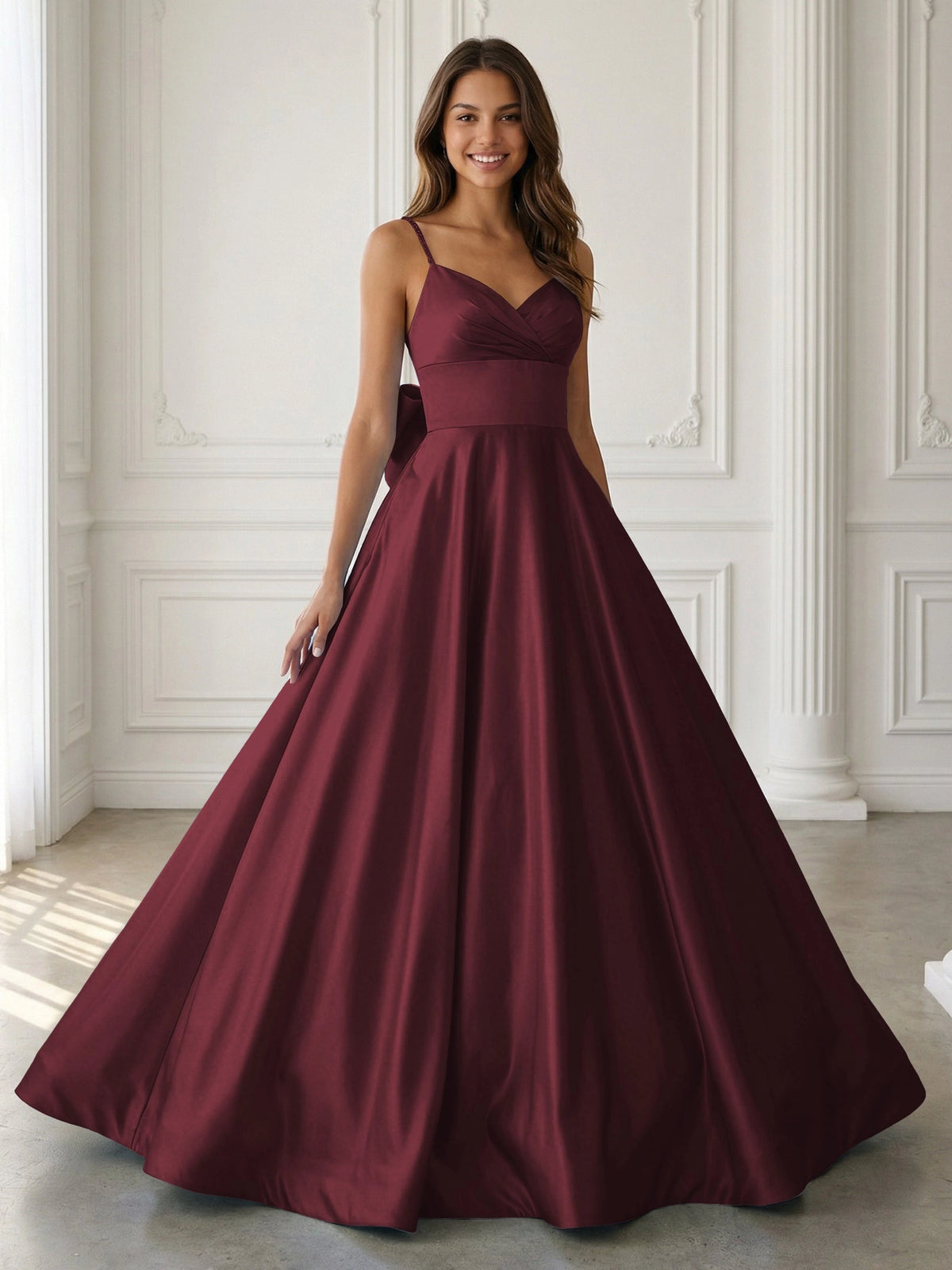 Elegant A-Line V-Neck Sleeveless Bow-Back Satin Floor-Length Prom Dress