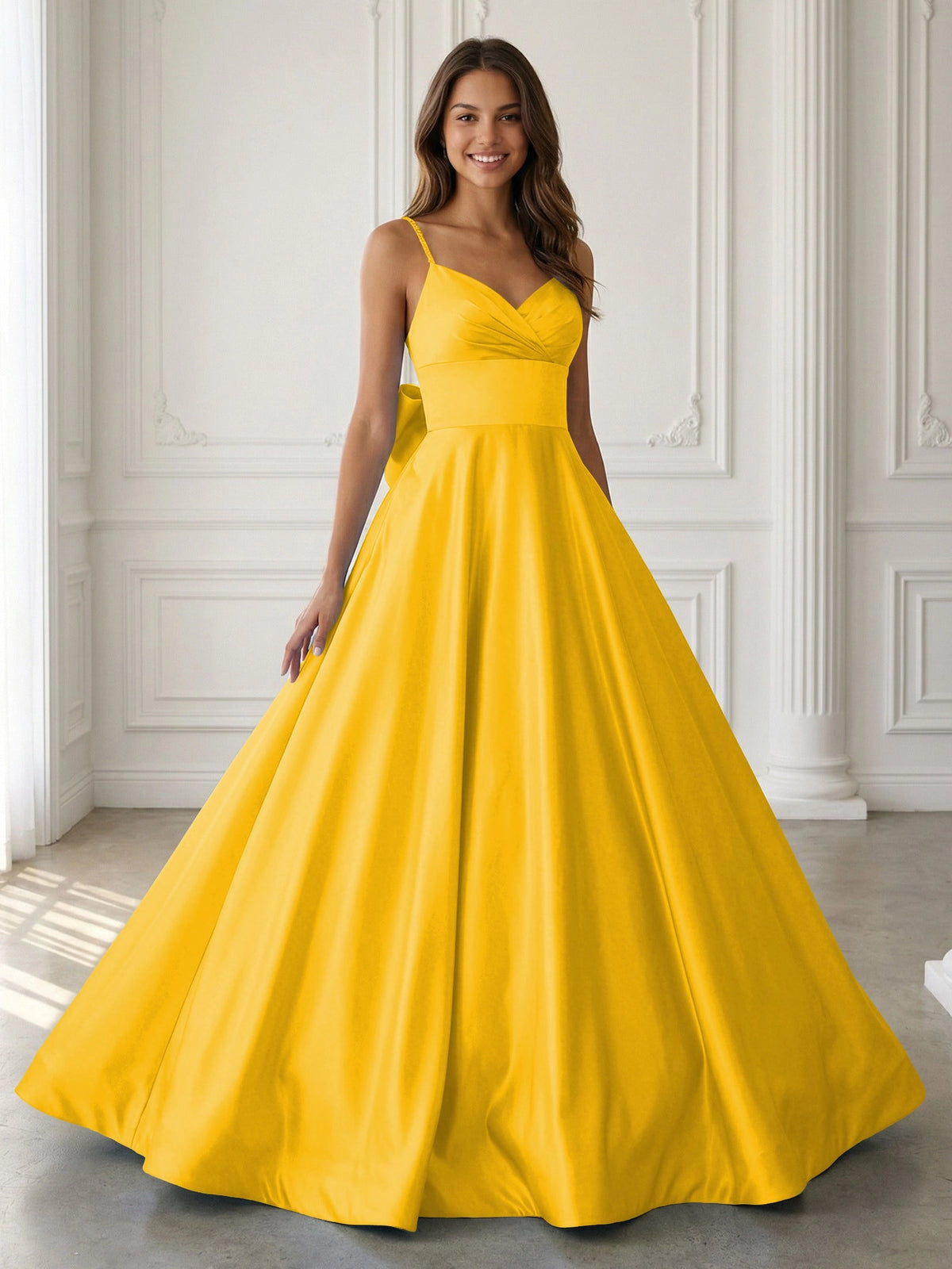 Elegant A-Line V-Neck Sleeveless Bow-Back Satin Floor-Length Prom Dress