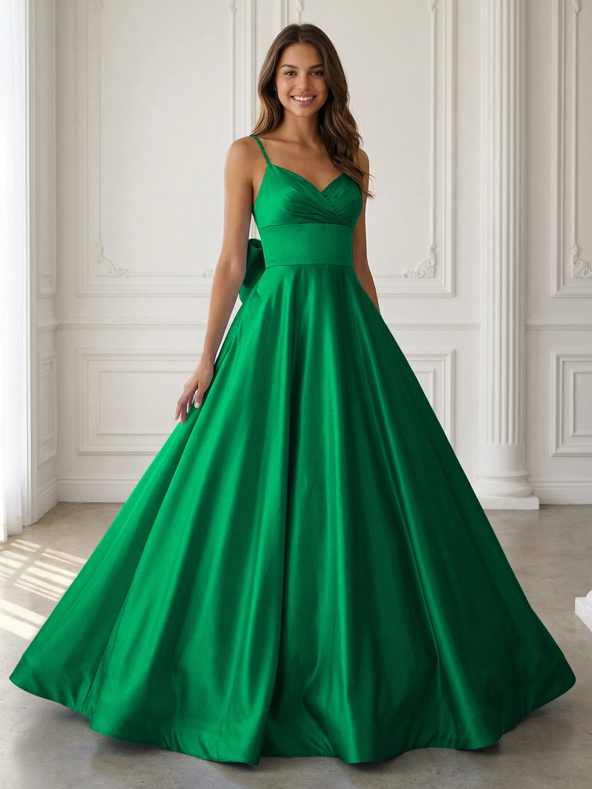 Elegant A-Line V-Neck Sleeveless Bow-Back Satin Floor-Length Prom Dress