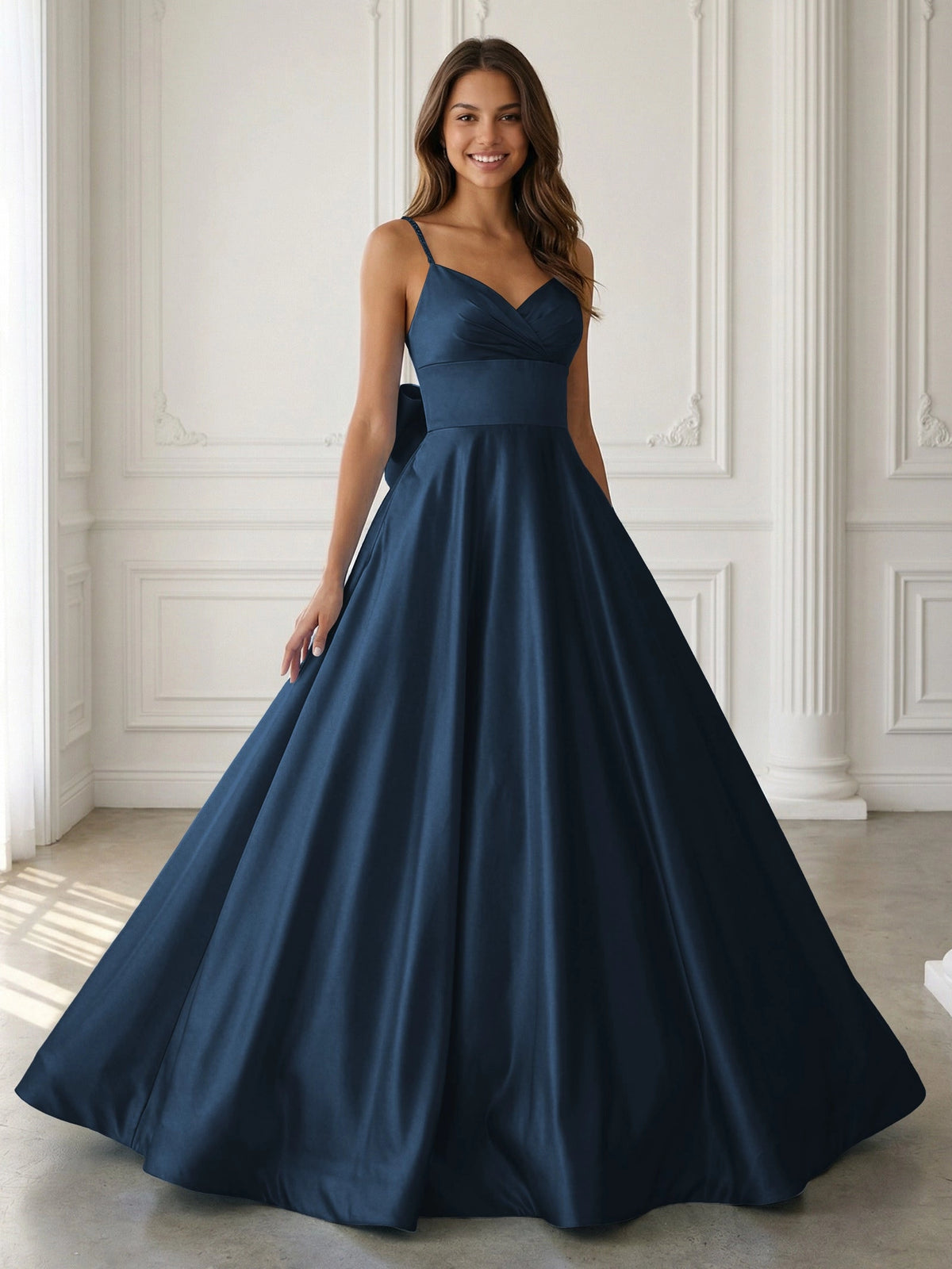 Elegant A-Line V-Neck Sleeveless Bow-Back Satin Floor-Length Prom Dress
