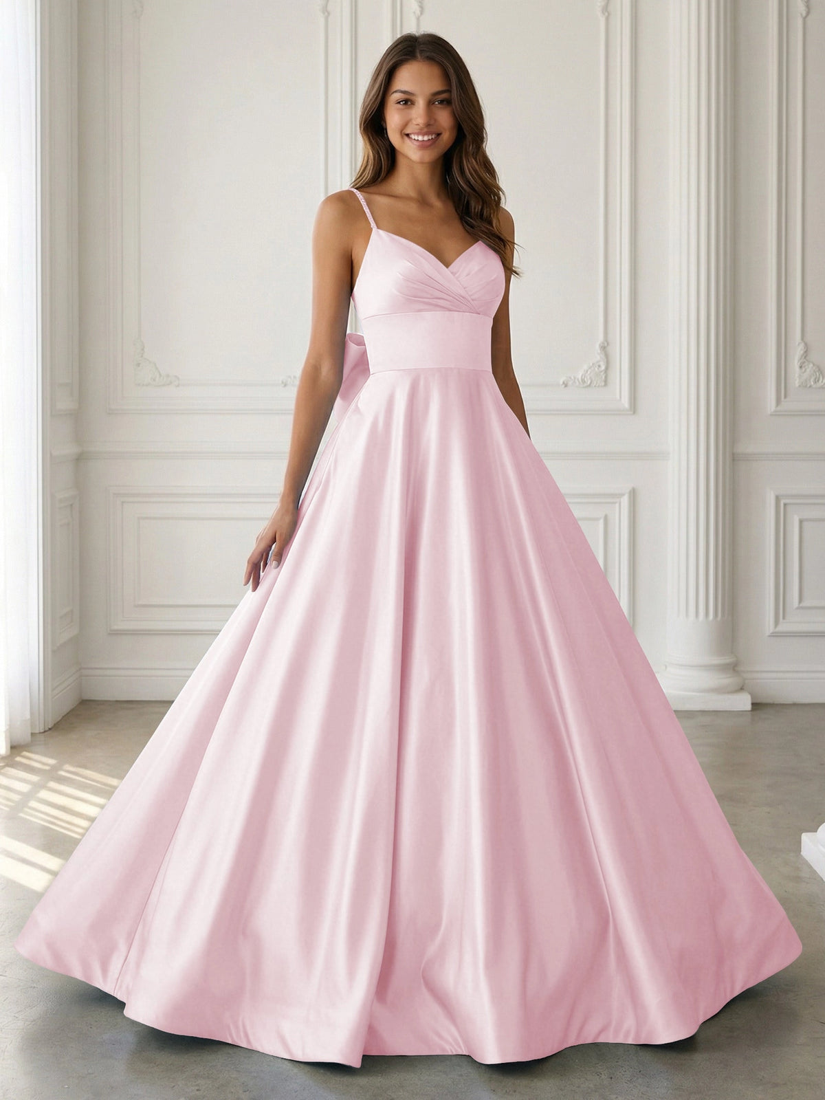 Elegant A-Line V-Neck Sleeveless Bow-Back Satin Floor-Length Prom Dress