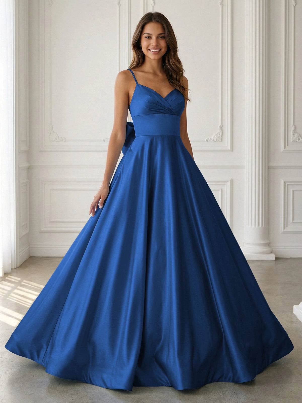 Elegant A-Line V-Neck Sleeveless Bow-Back Satin Floor-Length Prom Dress