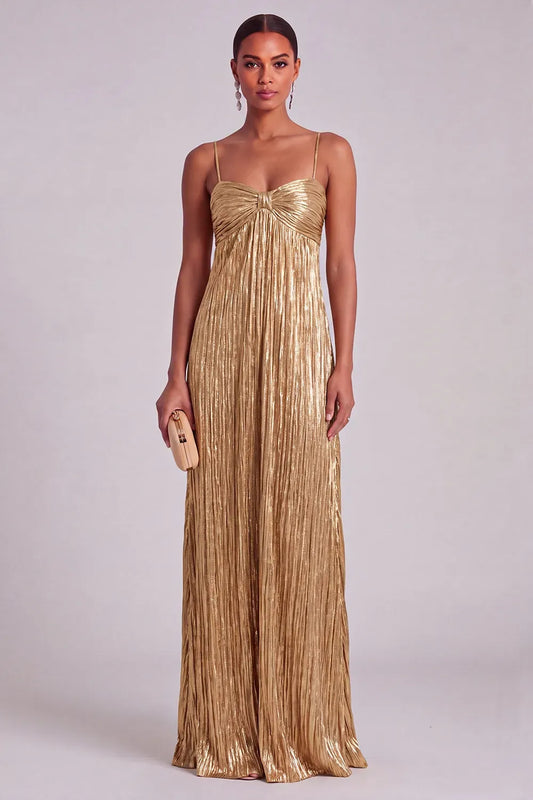 Loverlm champagne gold metallic evening dress with sweetheart neckline, spaghetti straps, twist-front bodice and pleated floor-length skirt