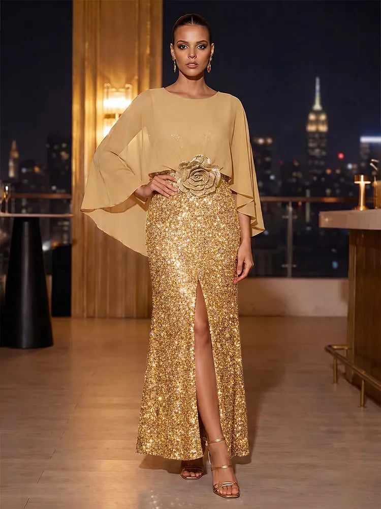 Loverlm gold Mother of the Bride dress with chiffon cape sleeves sequined sheath skirt 3D rosette waist and front slit