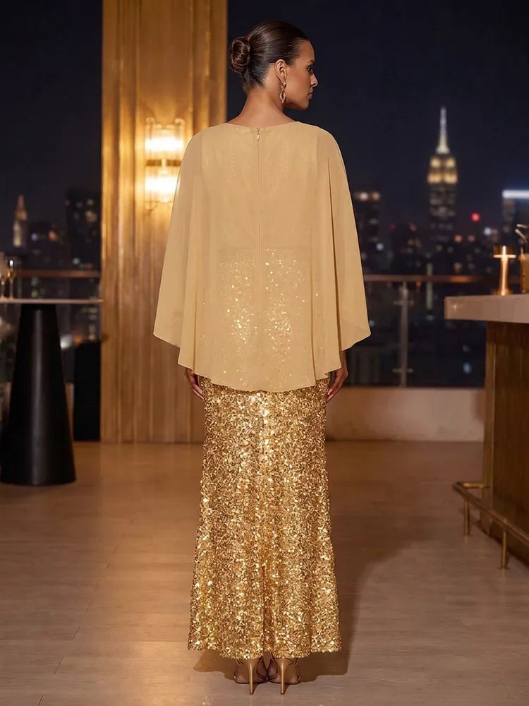 Glamorous Sheath Bateau-Neck Cape-Sleeve Sequined Floor-Length Mother of the Bride Dress