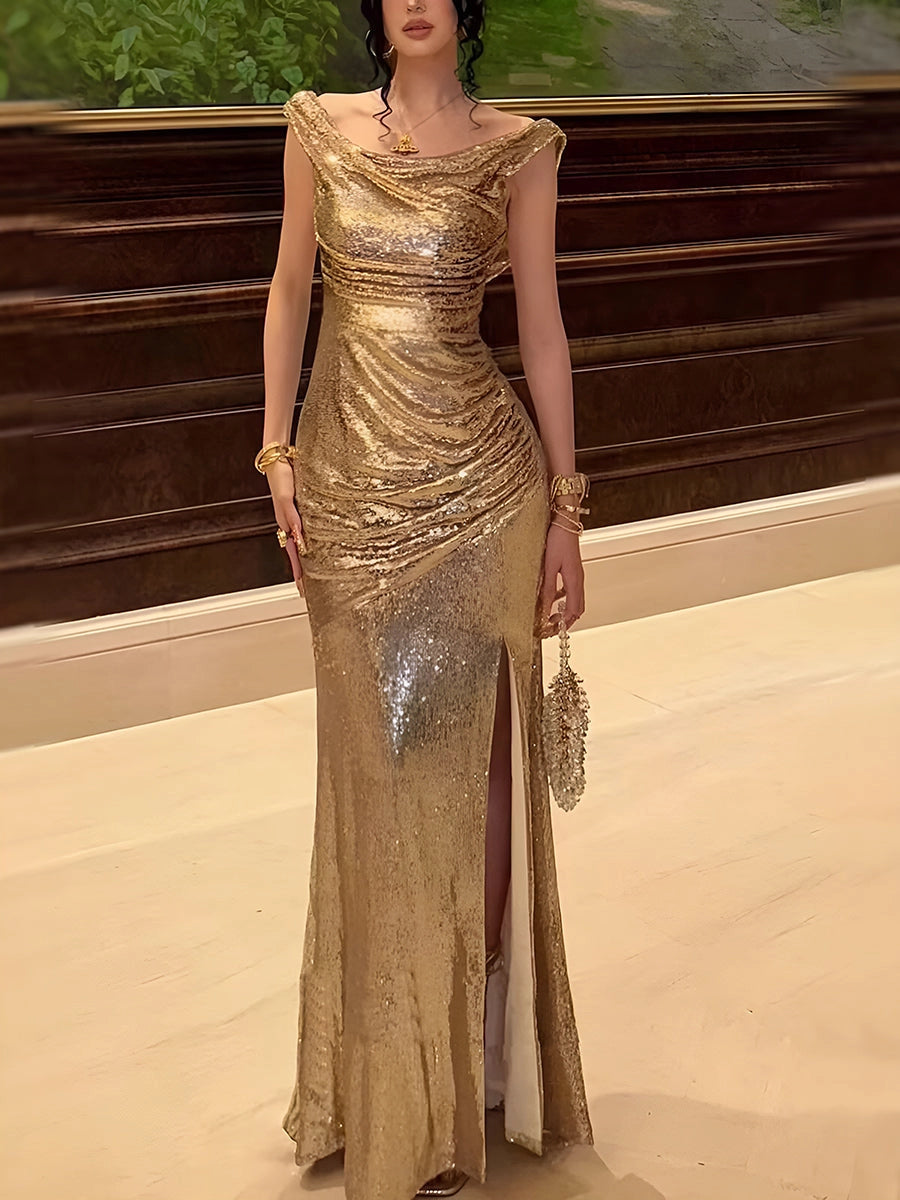 Loverlm gold sequin evening dress with cowl neck ruching and thigh high slit