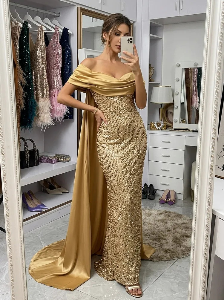 Loverlm gold sequin off-shoulder floor length evening dress with satin drape front view