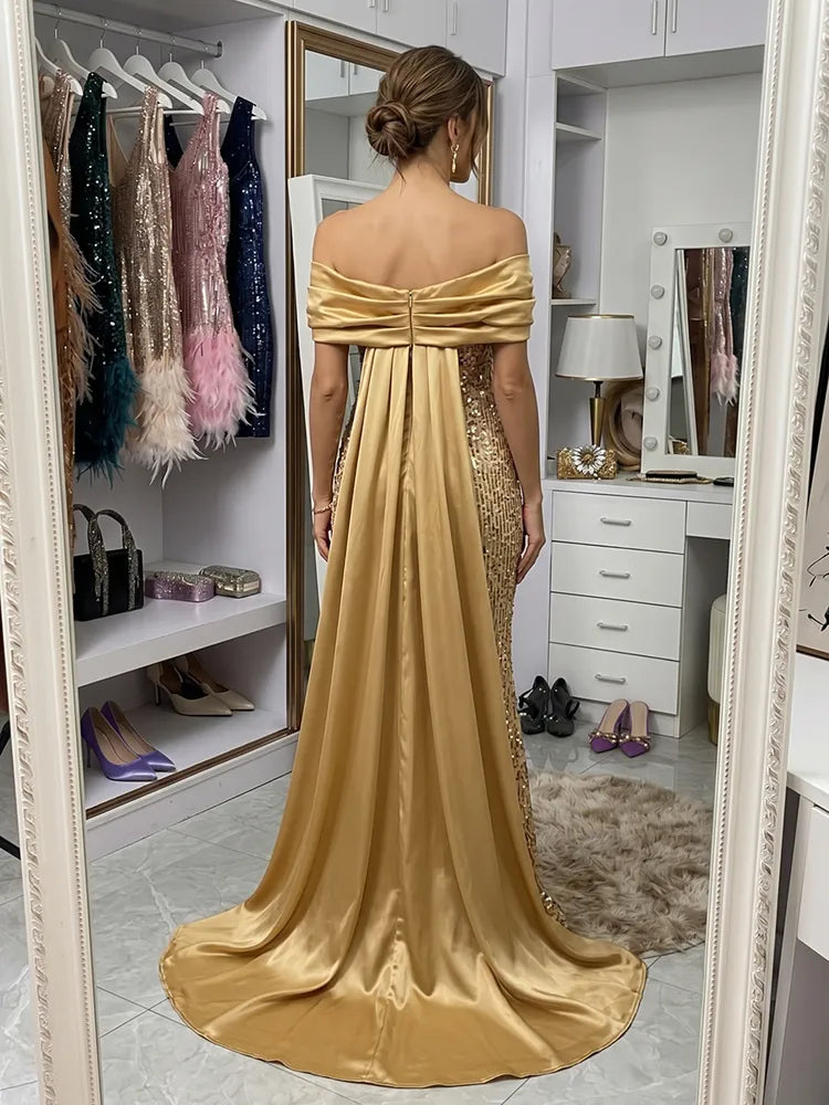 Glamorous Sheath Off-Shoulder Short Sleeve Sequin Floor-Length Evening Dress