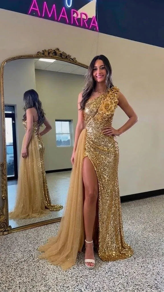 Glamorous Sheath One Shoulder Sleeveless Sequin Floor Length Evening Dress