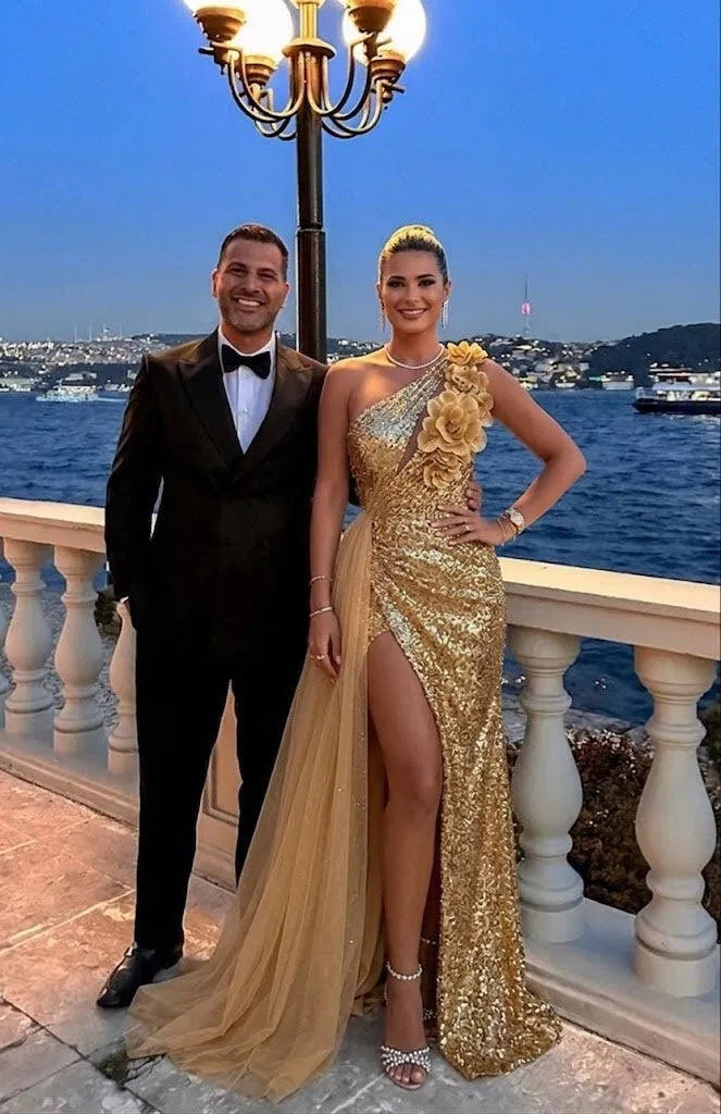 Glamorous Sheath One Shoulder Sleeveless Sequin Floor Length Evening Dress