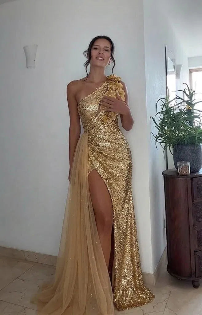 Glamorous Sheath One Shoulder Sleeveless Sequin Floor Length Evening Dress