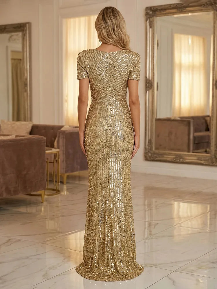 Glamorous Sheath Bateau Neck Puff Sleeve Sequin Floor-Length Evening Dress