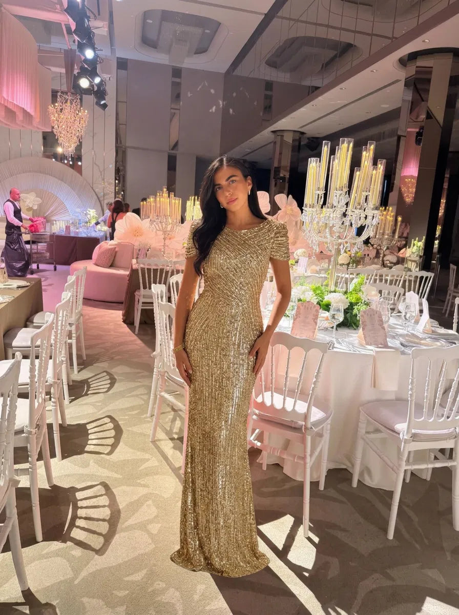 Glamorous Sheath Bateau Neck Puff Sleeve Sequin Floor-Length Evening Dress