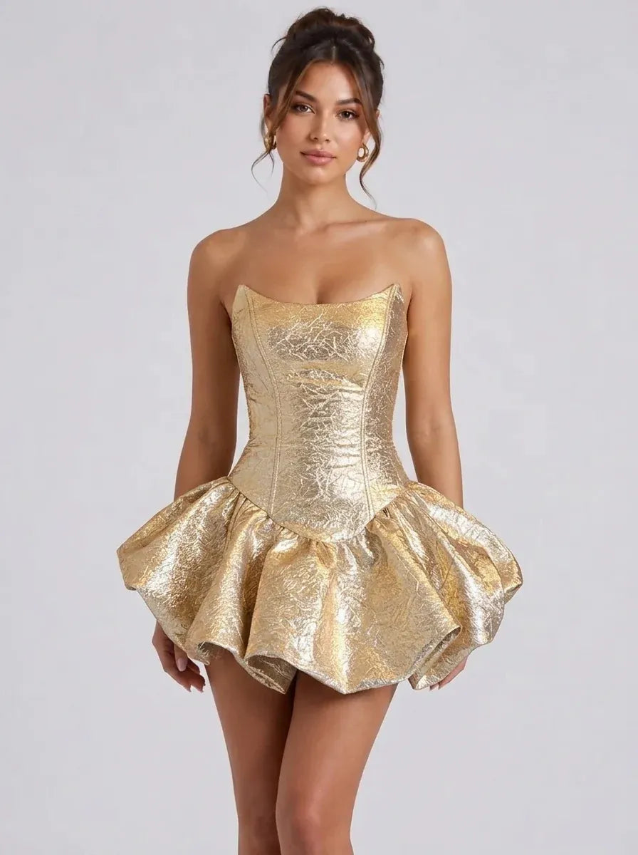 Front view of Loverlm metallic gold strapless mini homecoming dress with structured corset bodice and voluminous skirt