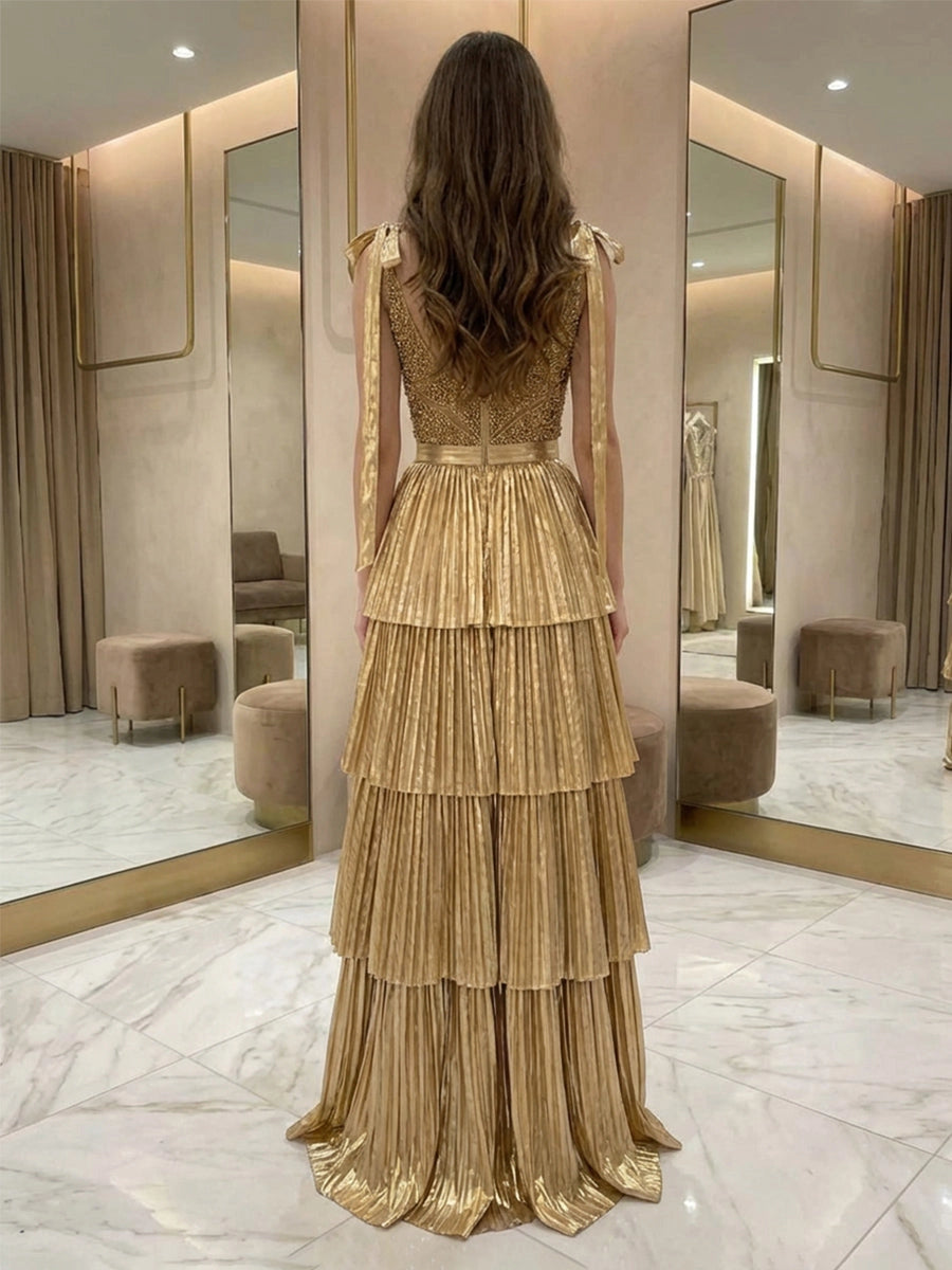 Glamorous A-Line V-Neck Shoulder-Tie V-Back Tiered Floor-Length Prom Dress