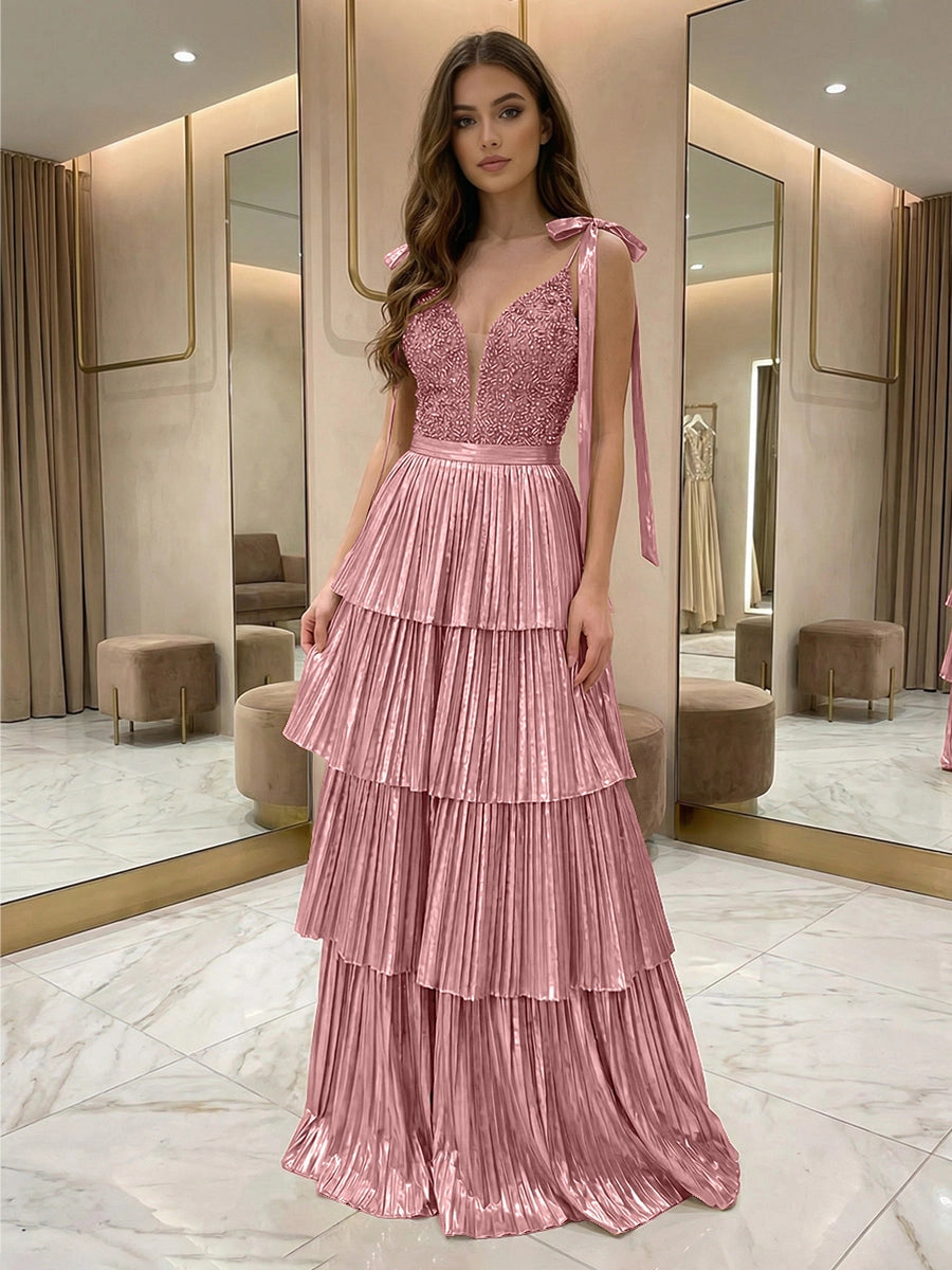 Glamorous A-Line V-Neck Shoulder-Tie V-Back Tiered Floor-Length Prom Dress