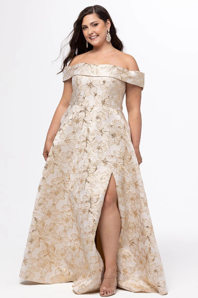 Romantic Plus Size A Line Off Shoulder Jacquard Floor Length Prom Dress