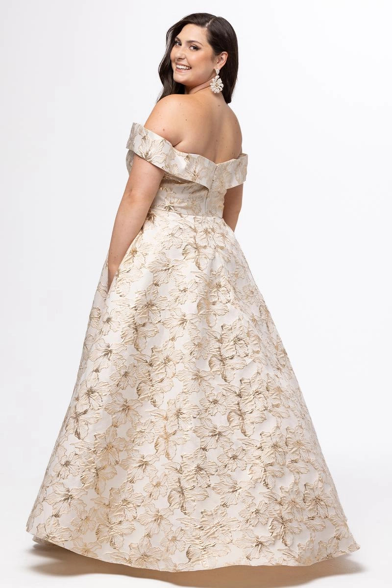 Romantic Plus Size A Line Off Shoulder Jacquard Floor Length Prom Dress