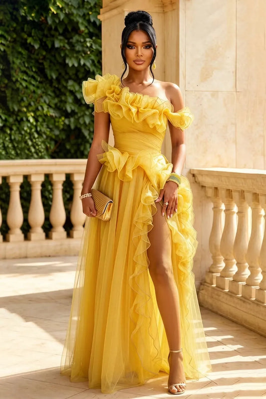 Loverlm golden yellow one-shoulder prom dress with dramatic ruffles high slit and flowing floor-length A-line skirt