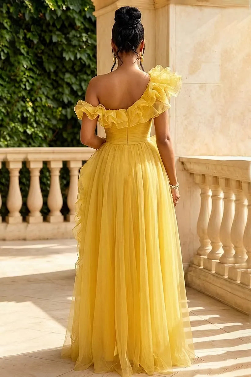 Dramatic A-Line One-Shoulder Ruffle Closed-Back Floor-Length Prom Dress