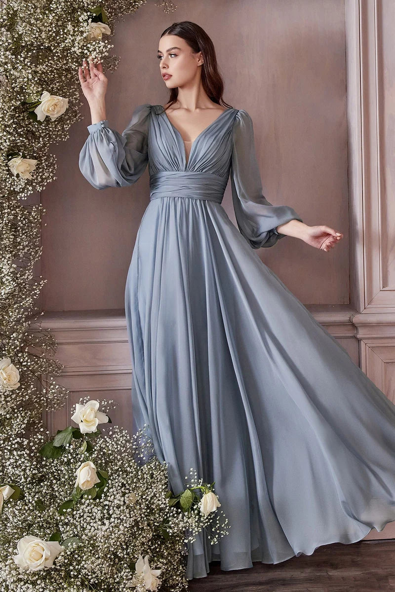Loverlm gray blue V-neck long sleeve chiffon evening dress front view