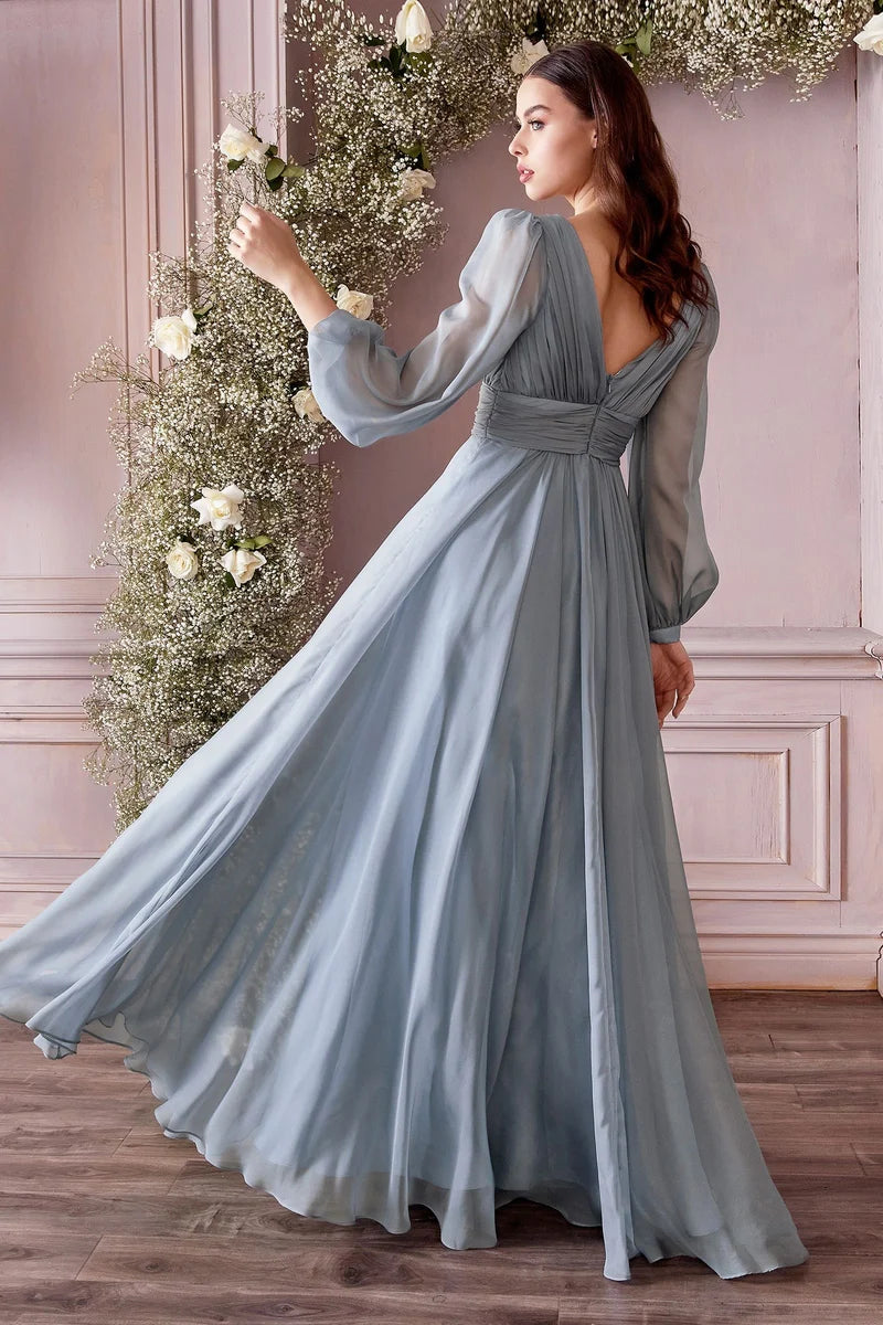 Elegant A-Line V-Neck Long-Sleeve V-Back Floor-Length Evening Dress