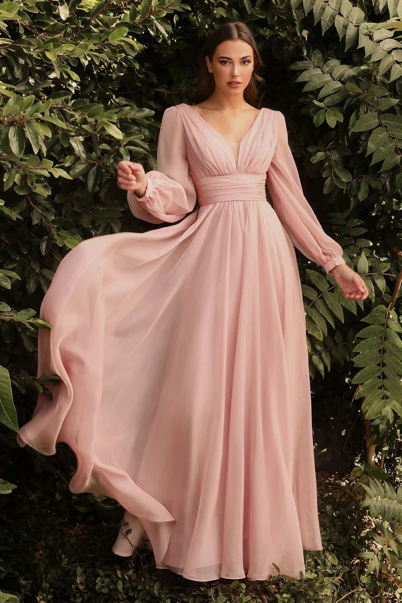 Elegant A-Line V-Neck Long-Sleeve V-Back Floor-Length Evening Dress