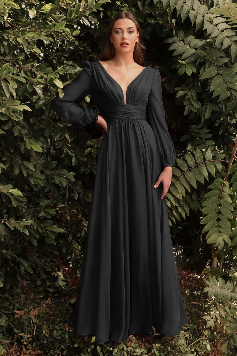 Elegant A-Line V-Neck Long-Sleeve V-Back Floor-Length Evening Dress