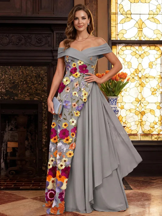 Loverlm soft gray Mother of the Bride dress with off-shoulder neckline multicolor floral appliqué draped panel and floor-length A-line skirt
