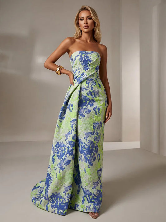 Loverlm green and blue floral jacquard Wedding Guest dress with strapless neckline draped waist and floor-length A-line skirt