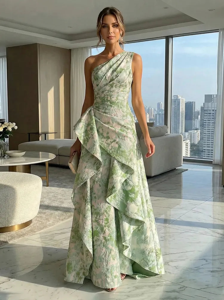 Loverlm green floral one-shoulder Wedding Guest dress with cascading ruffle and floor-length A-line skirt