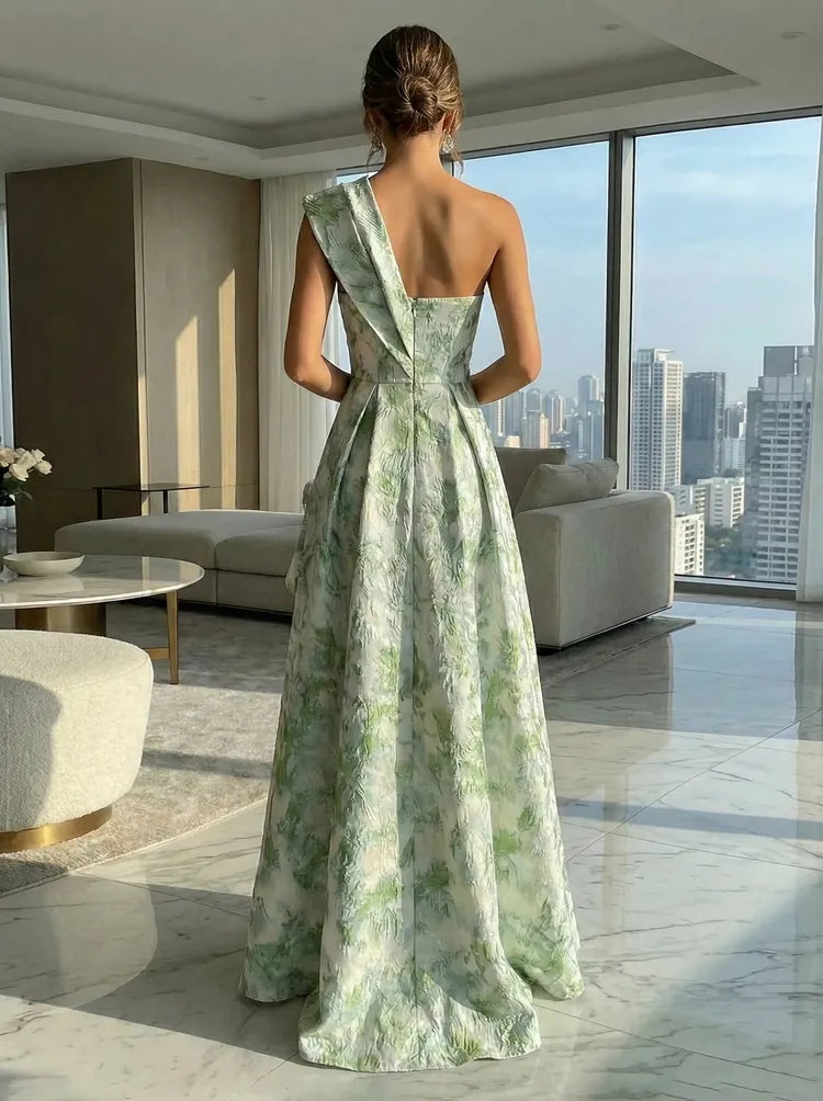 Elegant A-Line One-Shoulder Sleeveless Jacquard Floor-Length Mother of the Bride Dress