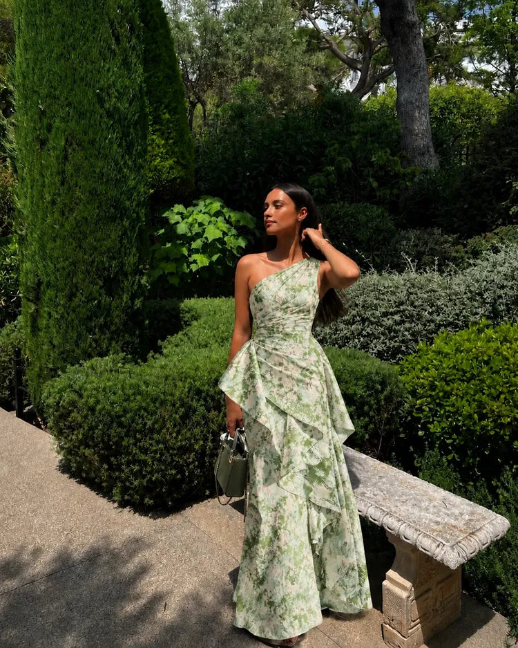 Elegant A-Line One-Shoulder Sleeveless Jacquard Floor-Length Mother of the Bride Dress