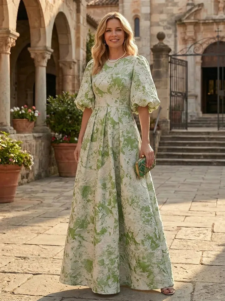 Loverlm green botanical jacquard Wedding Guest dress with round neckline puff sleeves and floor-length A-line skirt