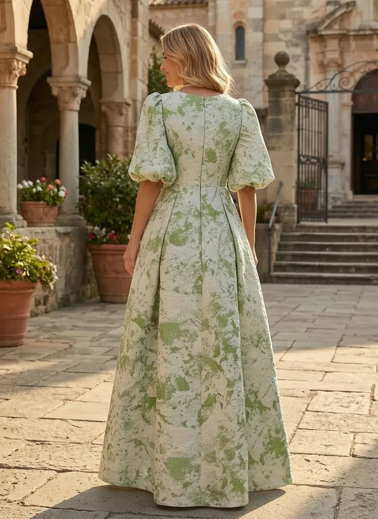 Elegant A-Line Round-Neck Puff-Sleeve Jacquard Floor-Length Mother of the Bride Dress
