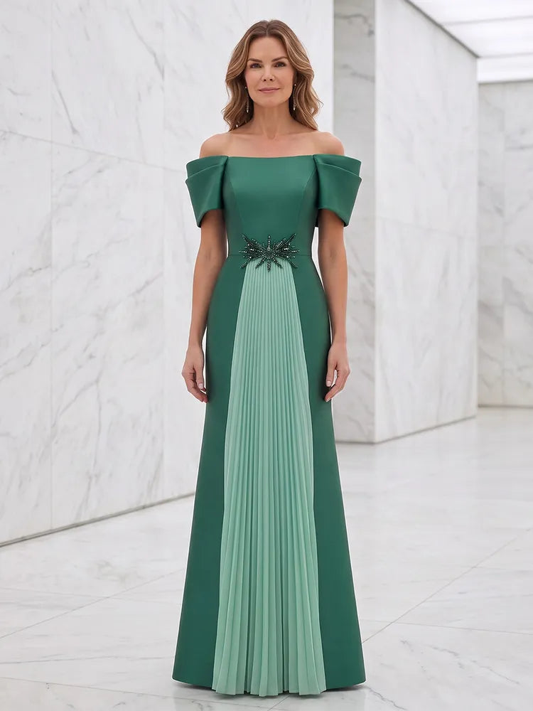 Loverlm green Mother of the Bride dress with off-shoulder neckline pleated front panel beaded waist detail and floor-length A-line silhouette