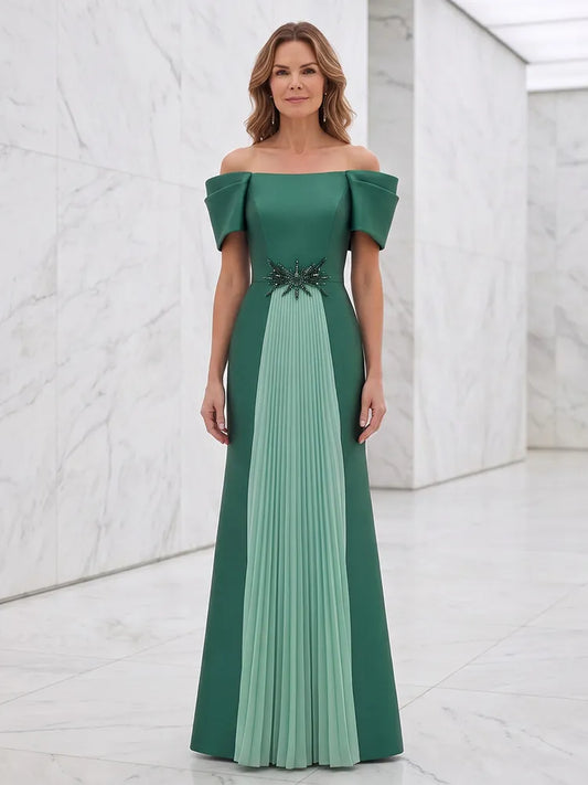 Loverlm green Mother of the Bride dress with off-shoulder neckline pleated front panel beaded waist detail and floor-length A-line silhouette