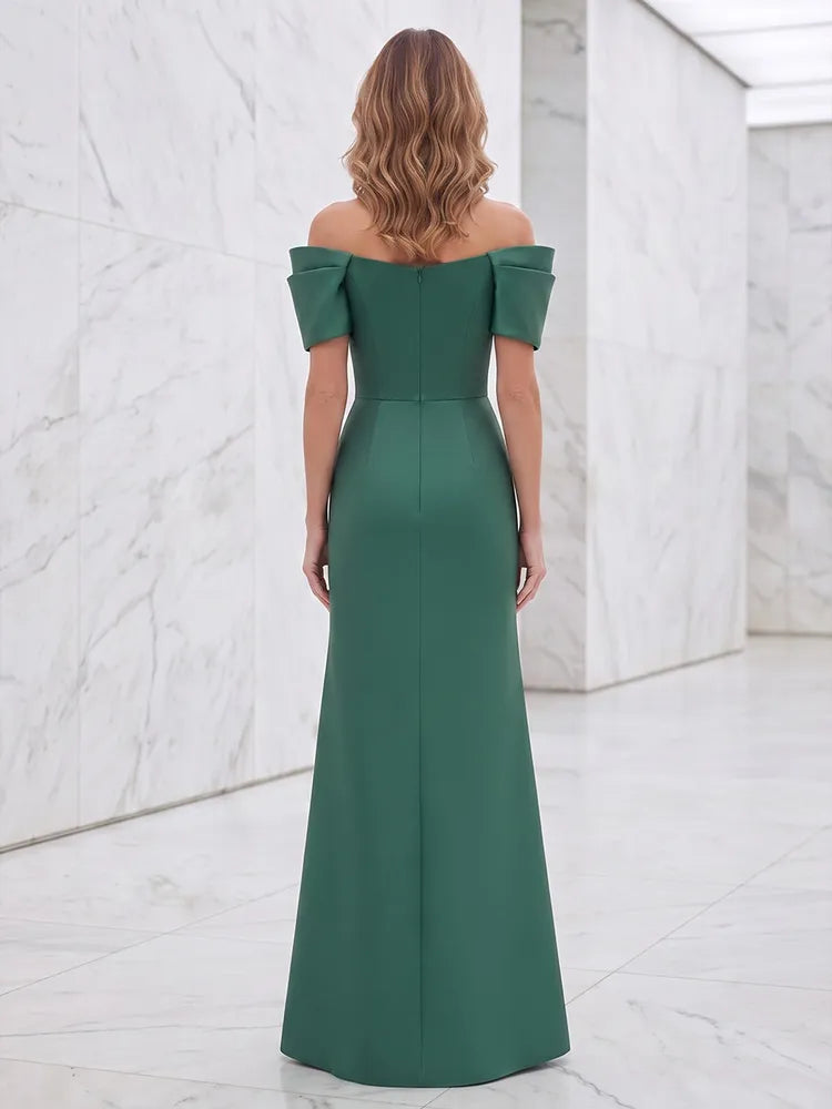 Elegant A-Line Off-Shoulder Short-Sleeve Pleated Floor-Length Mother of the Bride Dress