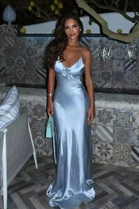 Loverlm grey blue satin mermaid prom dress with spaghetti straps, V-neckline, and 3D floral appliqué