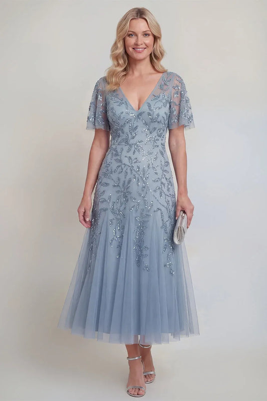 Loverlm grey blue tulle dress with leaf sequins, a V-neckline, sheer flutter sleeves and a tea-length A-line skirt.