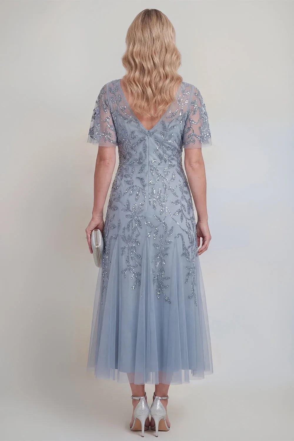 Sparkling Tulle A-Line V-Neck Flutter-Sleeve V-Back Tea-Length Mother of the Bride Dress