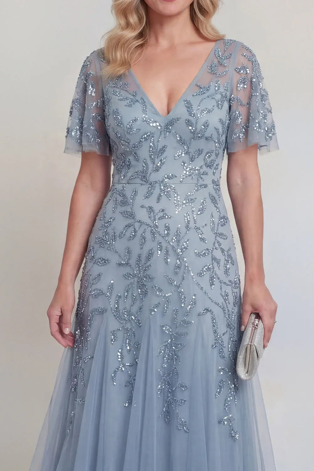 Sparkling Tulle A-Line V-Neck Flutter-Sleeve V-Back Tea-Length Mother of the Bride Dress