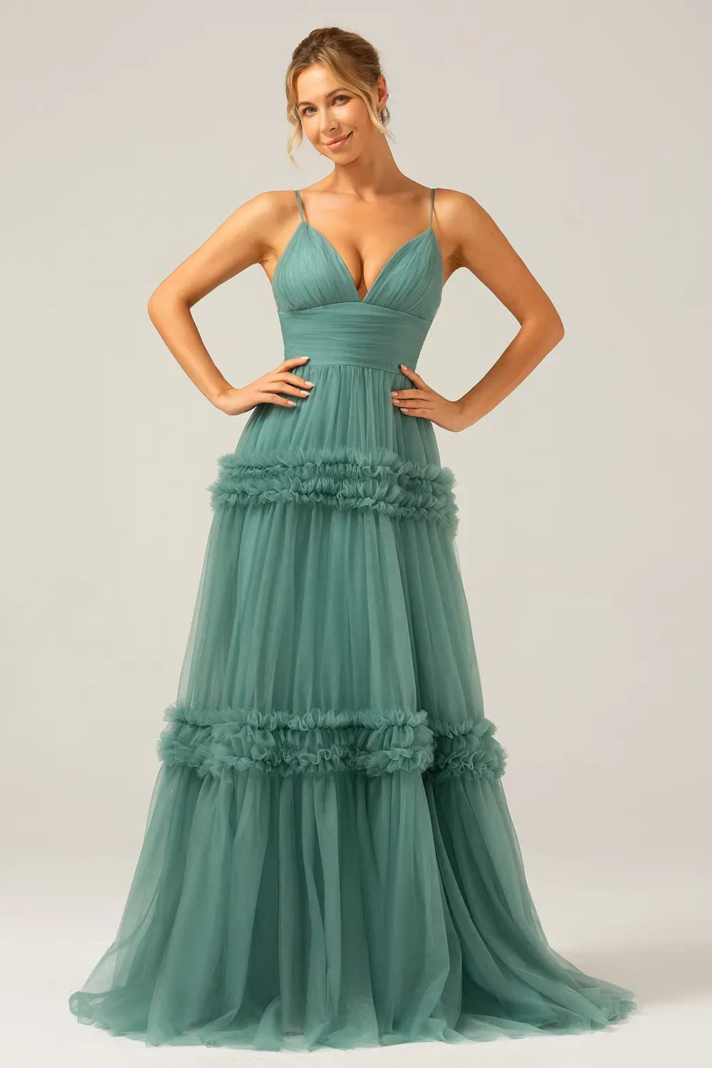 Loverlm grey green tulle prom dress with plunging V-neckline, spaghetti straps, ruched waist and tiered ruffle A-line skirt